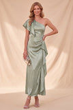 Vestido Maxi de satén de un hombro sirena de un hombro con volantes y salvia polvorienta