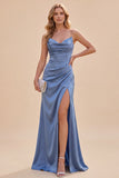 Vestido largo de tirantes finos de sirena de satén azul pizarra con abertura