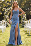 Vestido largo de tirantes finos de sirena de satén azul pizarra con abertura