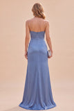 Vestido largo de tirantes finos de sirena de satén azul pizarra con abertura