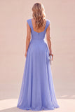 Vestido maxi azul fruncido de cuello cuadrado con volantes en línea A