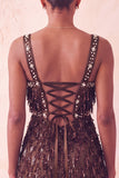 Vestido corto de bienvenida a casa con lentejuelas marrones con flecos y perlas