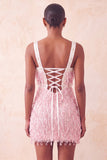 Vestido corto de bienvenida a casa con lentejuelas marrones con flecos y perlas