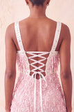 Vestido corto de bienvenida a casa con lentejuelas marrones con flecos y perlas