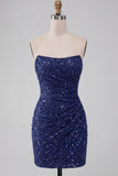 Vestido corto corto de lentejuelas de lentejuelas azul marino sin tirantes brillante