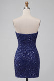 Vestido corto corto de lentejuelas de lentejuelas azul marino sin tirantes brillante