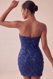 Vestido corto corto de lentejuelas de lentejuelas azul marino sin tirantes brillante