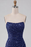 Vestido corto corto de lentejuelas de lentejuelas azul marino sin tirantes brillante