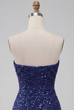 Vestido corto corto de lentejuelas de lentejuelas azul marino sin tirantes brillante