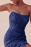 Vestido corto corto de lentejuelas de lentejuelas azul marino sin tirantes brillante
