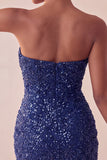 Vestido corto corto de lentejuelas de lentejuelas azul marino sin tirantes brillante