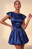 Vestido corto de bienvenida azul cielo de satén de satén con escote bateau y mangas gorjas