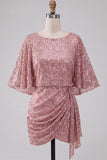 Vestido corto corto de bienvenida con cuello redondo rosa brillante, lentejuelas, fruncido y fajilla
