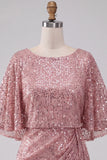 Vestido corto corto de bienvenida con cuello redondo rosa brillante, lentejuelas, fruncido y fajilla