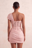 Corsé transparente oliva de un hombro, vestido corto de bienvenida fruncido y encaje en la espalda