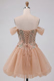 Vestido de bienvenida rosa A-Line, corsé de hombros descubiertos, bajo burbuja y encaje en la espalda