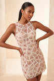Blush Bodycon Vestido Corto de Bienvenida Corto de Cuello Redondo con Cuentas