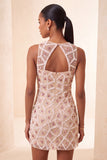 Blush Bodycon Vestido Corto de Bienvenida Corto de Cuello Redondo con Cuentas