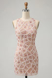 Blush Bodycon Vestido Corto de Bienvenida Corto de Cuello Redondo con Cuentas