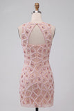 Blush Bodycon Vestido Corto de Bienvenida Corto de Cuello Redondo con Cuentas