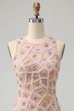 Blush Bodycon Vestido Corto de Bienvenida Corto de Cuello Redondo con Cuentas