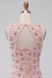 Blush Bodycon Vestido Corto de Bienvenida Corto de Cuello Redondo con Cuentas
