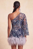 Vestido de bienvenida a casa con lentejuelas con cuentas y bodycon un solo hombro y plumas