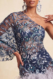 Vestido de bienvenida a casa con lentejuelas con cuentas y bodycon un solo hombro y plumas