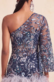 Vestido de bienvenida a casa con lentejuelas con cuentas y bodycon un solo hombro y plumas