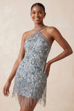 Vestido corto corto de bienvenida a casa, con escote halter, gris bodycon cuentas y cuentas