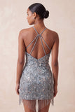 Vestido corto corto de bienvenida a casa, con escote halter, gris bodycon cuentas y cuentas