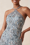 Vestido corto corto de bienvenida a casa, con escote halter, gris bodycon cuentas y cuentas