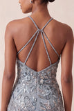 Vestido corto corto de bienvenida a casa, con escote halter, gris bodycon cuentas y cuentas