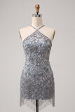 Vestido corto corto de bienvenida a casa, con escote halter, gris bodycon cuentas y cuentas