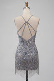 Vestido corto corto de bienvenida a casa, con escote halter, gris bodycon cuentas y cuentas
