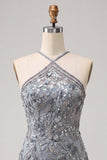 Vestido corto corto de bienvenida a casa, con escote halter, gris bodycon cuentas y cuentas