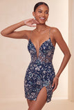 Bodycon blu marino con lentejuelas finas Tirantes finos Vestido corto de bienvenida con abertura