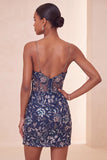 Bodycon blu marino con lentejuelas finas Tirantes finos Vestido corto de bienvenida con abertura
