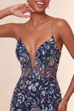 Bodycon blu marino con lentejuelas finas Tirantes finos Vestido corto de bienvenida con abertura