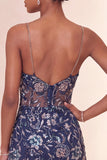 Bodycon blu marino con lentejuelas finas Tirantes finos Vestido corto de bienvenida con abertura