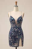Bodycon blu marino con lentejuelas finas Tirantes finos Vestido corto de bienvenida con abertura