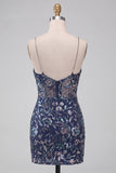 Bodycon blu marino con lentejuelas finas Tirantes finos Vestido corto de bienvenida con abertura