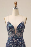 Bodycon blu marino con lentejuelas finas Tirantes finos Vestido corto de bienvenida con abertura