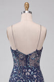 Bodycon blu marino con lentejuelas finas Tirantes finos Vestido corto de bienvenida con abertura