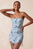 Vestido corto floral de bienvenida con flecos de lentejuelas azules sin tirantes azules