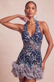 Vestido corto de bienvenida de bienvenida con escote azul marino con cuello halter y lentejuelas, bodycon flores, sin espalda