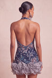 Vestido corto de bienvenida de bienvenida con escote azul marino con cuello halter y lentejuelas, bodycon flores, sin espalda