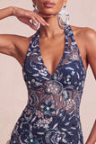 Vestido corto de bienvenida de bienvenida con escote azul marino con cuello halter y lentejuelas, bodycon flores, sin espalda