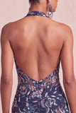 Vestido corto de bienvenida de bienvenida con escote azul marino con cuello halter y lentejuelas, bodycon flores, sin espalda