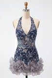 Vestido corto de bienvenida de bienvenida con escote azul marino con cuello halter y lentejuelas, bodycon flores, sin espalda
